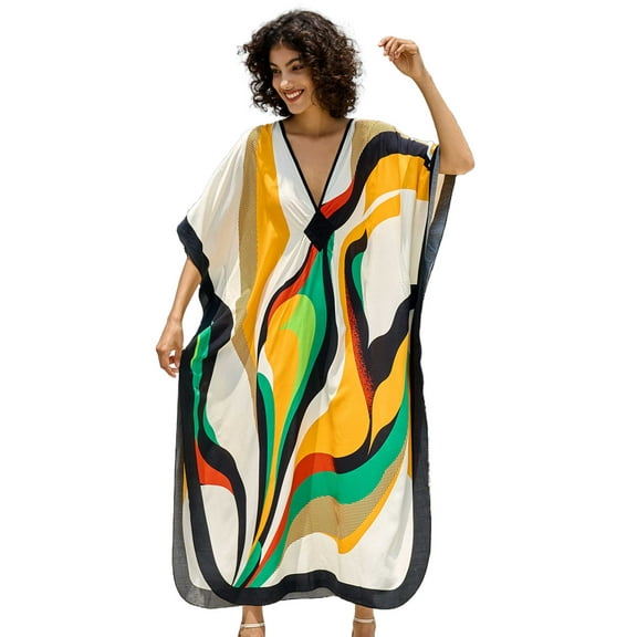 Geometric Printed Beach Maxi Dresses for Swimwear Women V neck Kaftan Summer Tunic Flowy Vacation Outfits Casual Caftan Robe Lightweight mumu Dress