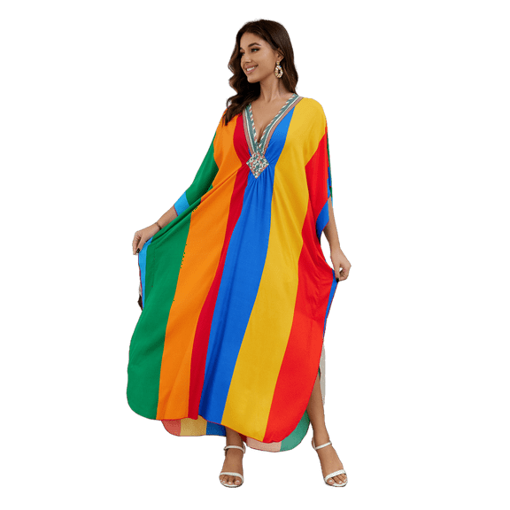 Geometric Printed Beach Maxi Dresses for Swimwear Women V neck Kaftan Summer Tunic Flowy Vacation Outfits Casual Caftan Robe Lightweight mumu Dress