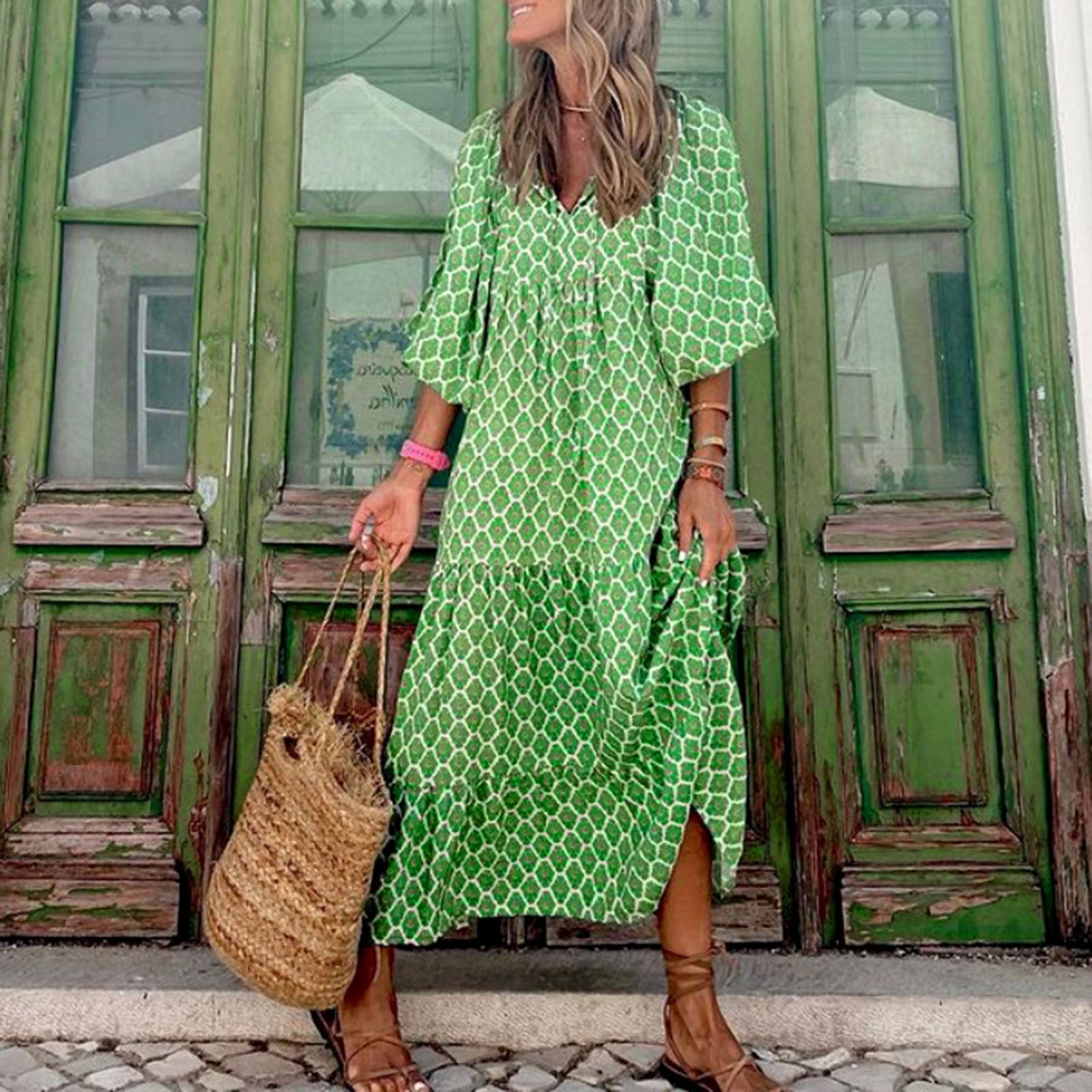 AMILIEe Women's Boho Floral Puff Sleeve Maxi Dress, Casual Layered Beach  Vacation Dress - Walmart.com