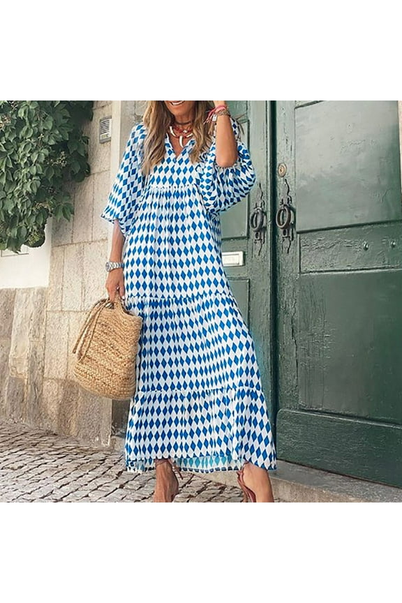 Women Boho Floral Puff Sleeve Tiered Maxi Dress Casual Layered Loose Vacation Beach Long Dress