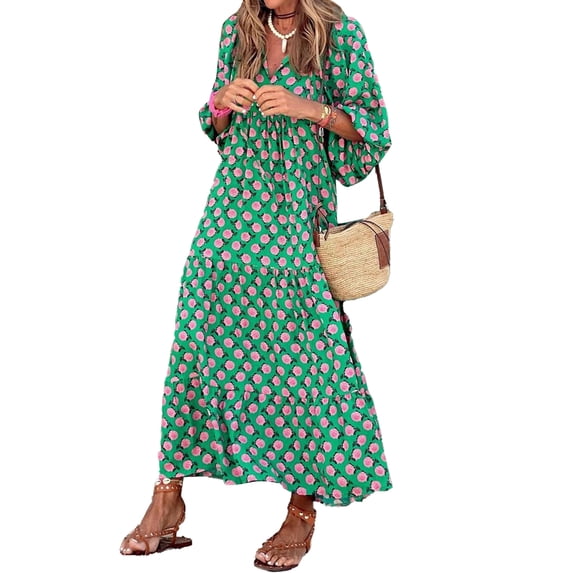 Women Casual Maxi Dress Bohemian Floral V Neck Puff Short Sleeve Beach Tiered Sundress Long Swing Dress
