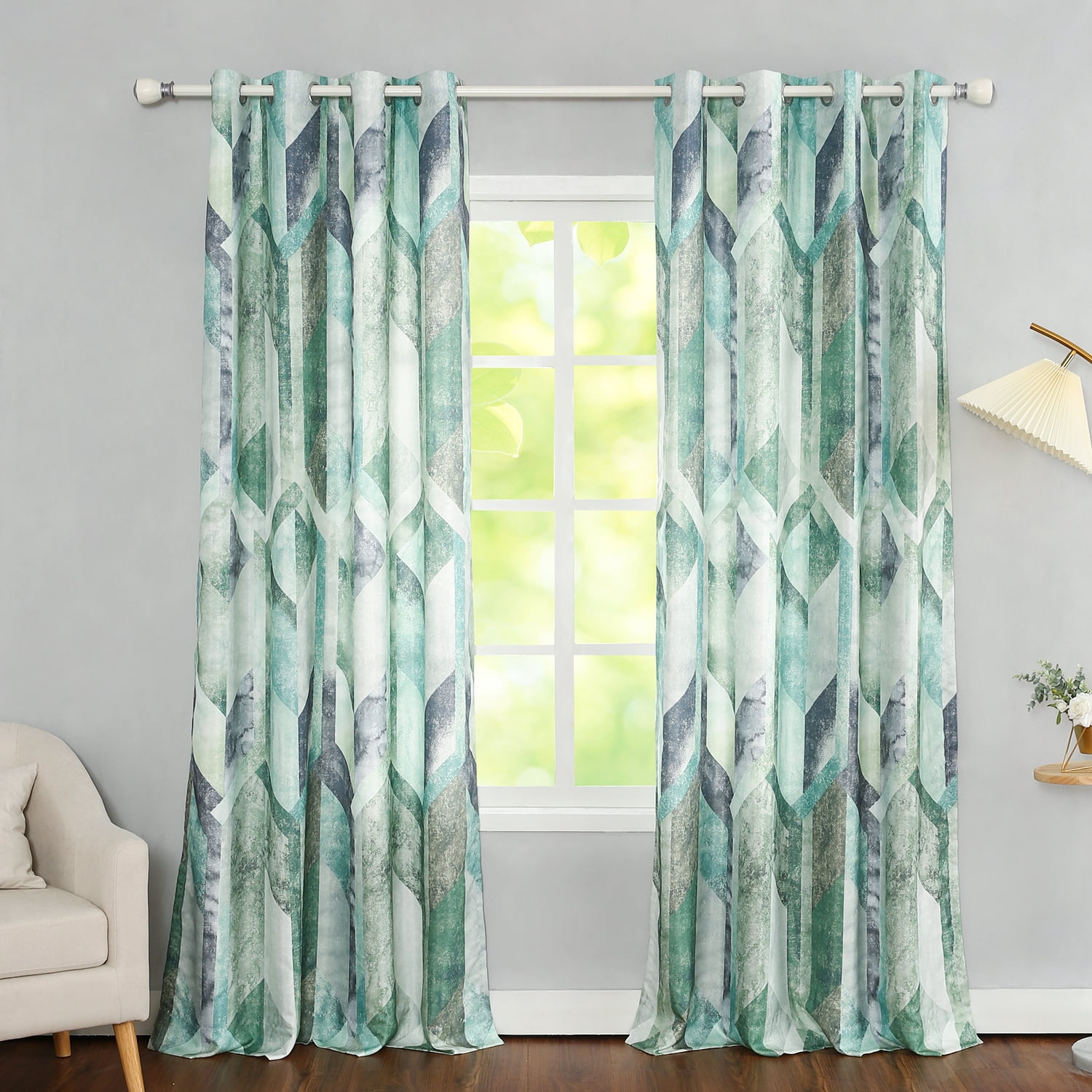 VOGOL Geometric Printed Draperies, Grommet, Faux Linen Curtains for Bedroom, 2 Pcs, 52x63inch, Green