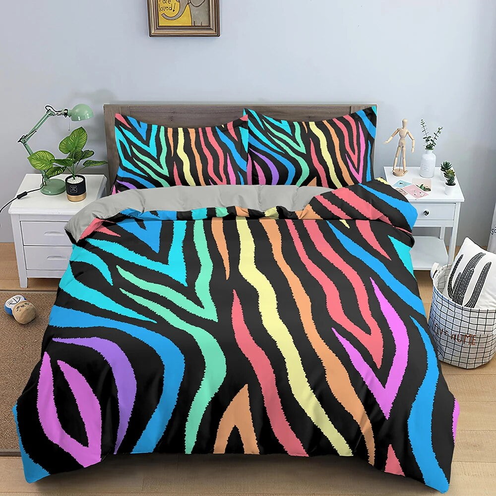Geometric Printed Duvet Cover Set Colorful Stripe Heart Shaped