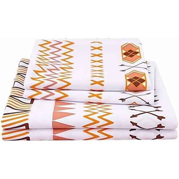 Geometric Printed Sheet Set Queen, 4 Piece Soft Orange Pattern Microfiber Sheets Extra Deep Pocket
