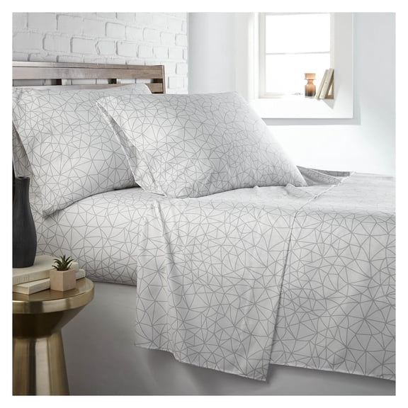 Geometric Printed Sheets Set King 15 Inch Deep Pocket 4 Piece White-Grey