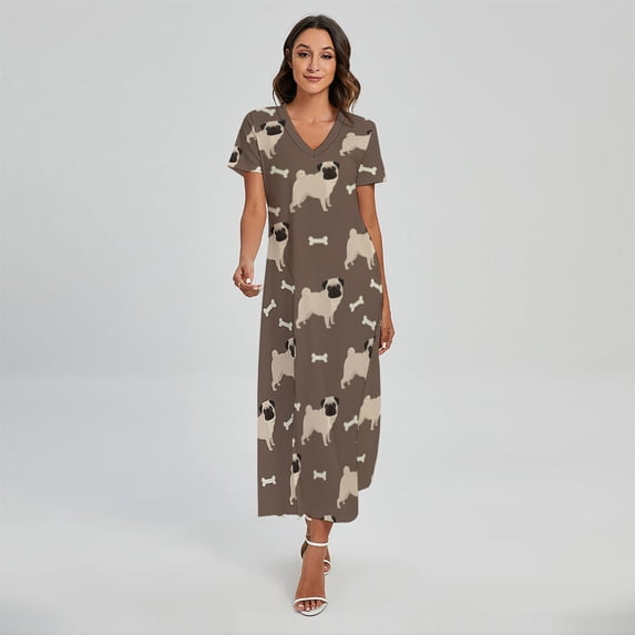 Geometric Pug Pattern Printed Short Sleeve Maxi Dress, Dog Pet Lover Fashion Summer Maxi Dress For Women