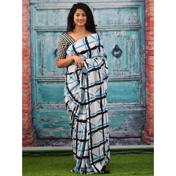 Geometric Pure Cotton Block Print Saree - 28155682