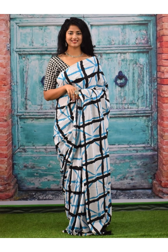 Geometric Pure Cotton Block Print Saree - 28155682