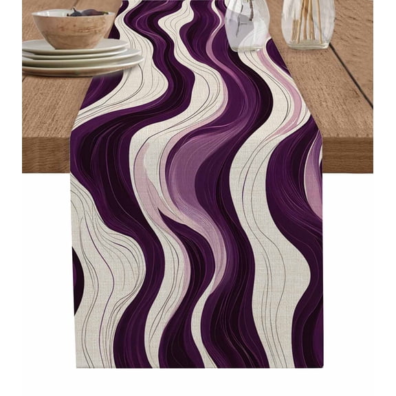 Geometric Purple Table Runner Cotton Linen 72 Inch Holiday Dresser Scarves, Vintage White Stripe Coastal Sea Wave Tablerunner for Kitchen Coffee Dining Bedroom Dinner Scarf Décor 13''x72''