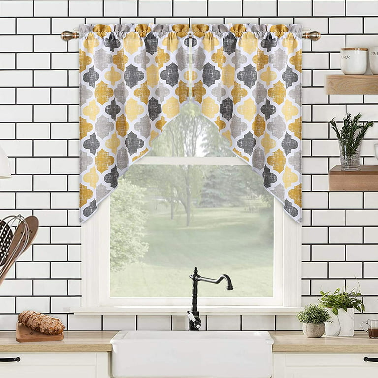 Geometric Quatrefoil Trellis Curtain Printed Cotton Blend Tailored Kitchen Window Valances For Bathroom Windows Yellow Grey 28 W X 36 L 2pack Com