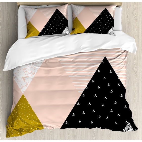 Geometric Queen Size Duvet Cover Set, Abstract Composition Hand Drawn Vintage Texture Dots Lines Triangles Modern Art, Decorative 3 Piece Bedding Set with 2 Pillow Shams, Multicolor, by Ambesonne