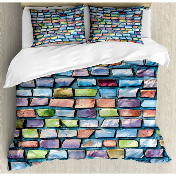 Geometric Queen Size Duvet Cover Set, Colorful Mosaic Tiles Pattern Brick Wall Design with Grunge Effect Worn Out Look, Decorative 3 Piece Bedding Set with 2 Pillow Shams, Multicolor, by Ambesonne