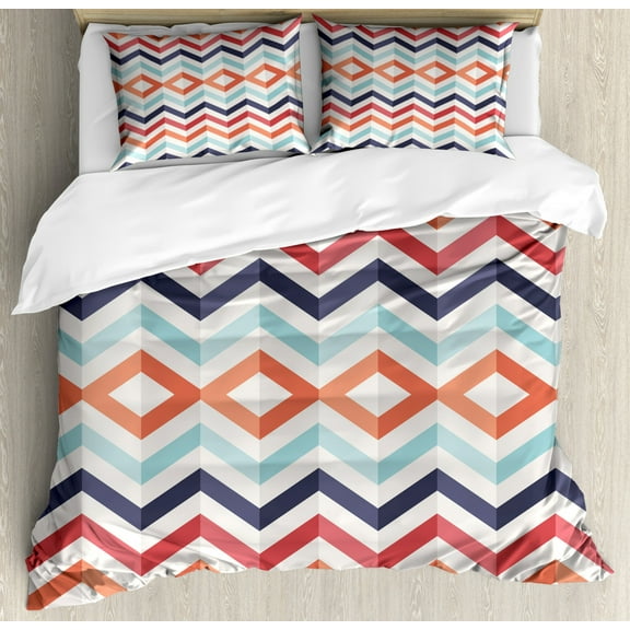 Geometric Queen Size Duvet Cover Set, Zig Zag Lines Chevron Stripes Going Up and Down with Optic Effect Image, Decorative 3 Piece Bedding Set with 2 Pillow Shams, Blue Orange Red, by Ambesonne
