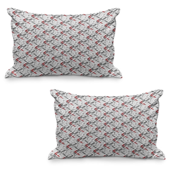 Geometric Quilted Pillowcover Set of 2, Complex Grid Pattern with Modern Design Squares and Chevron Details, Standard Queen Size Pillow Cover Bedroom, 36" x 20", Charcoal Grey White Red, by Ambesonne