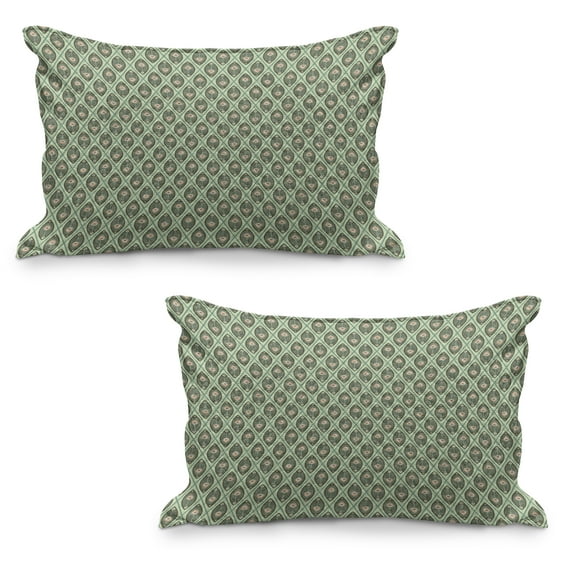 Geometric Quilted Pillowcover Set of 2, Graphic Peacock Feathers Pattern in Pastel Color Nostalgic Culture, Standard Queen Size Pillow Cover for Bedroom, 36" x 20", Pistachio Green Tan, by Ambesonne