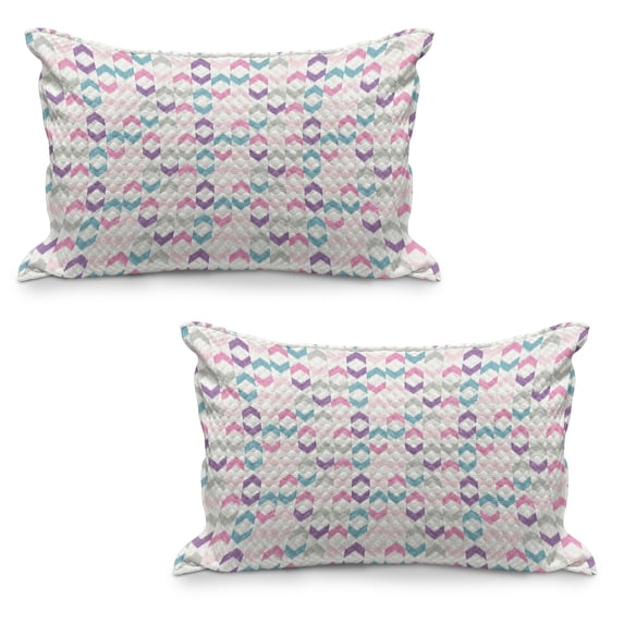 Geometric Quilted Pillowcover Set of 2, Oriental Chevron and Ikat Motif with Eastern Influences Boho Art Print, Standard Queen Size Pillow Cover for Bedroom, 30" x 20", Violet Pink Teal, by Ambesonne
