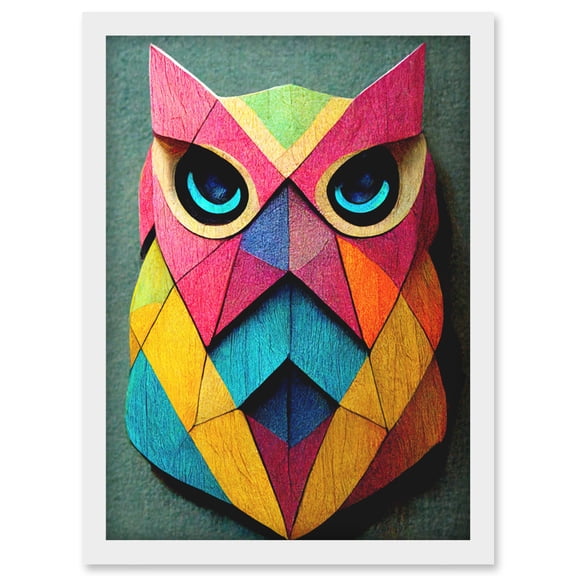 Geometric Rainbow Owl Picture Abstract Multi Coloured Artwork Framed Wall Art Print A4