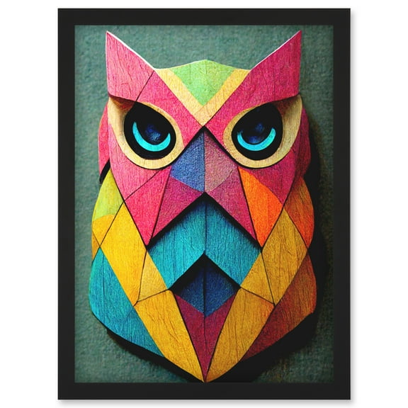 Geometric Rainbow Owl Picture Abstract Multi Coloured Artwork Framed Wall Art Print A4