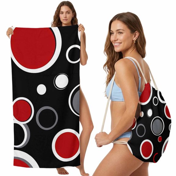 Geometric Red 2-in-1 Beach Towel Backpack,Quick Dry Beach Towel Blanket Bag,Modern Black Grey White Abstract Circle Portable Bath Pool Yoga Swim Picnic Camping Towels Travel Essential 31.5x63 Inches