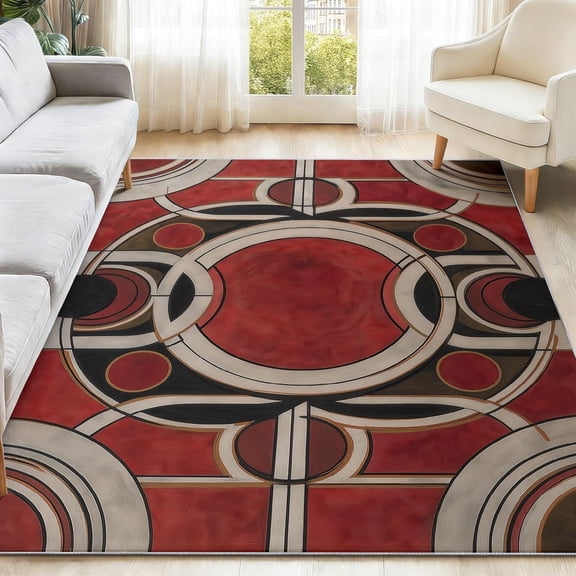 Geometric Red Area Rugs,Non Slip Area Rugs for Living Room, Bedroom, Barhroom, Entryway, Boho Retro Abstract Circle Black Soft Kitchen Bath Mats Washable Carpet-2' x 3'