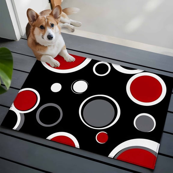 Geometric Red Bathroom Mat 2x3 FT, Non Slip Small Kitchen Mat, Modern Black Grey White Abstract Circle Washable Soft Backed Front Door Throw Rug Non-Shedding Indoor Outdoor Doormat for Entryway Sink