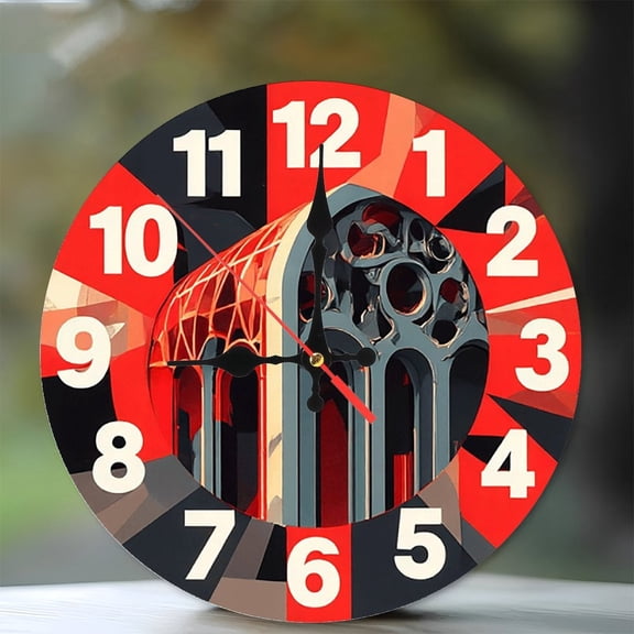 Geometric Red Black Clock Wall Art Home Decor 10-Inch Silent Wooden Wall Clock, Battery Operated (AA Batteries Not Included), Artistic Home Decor