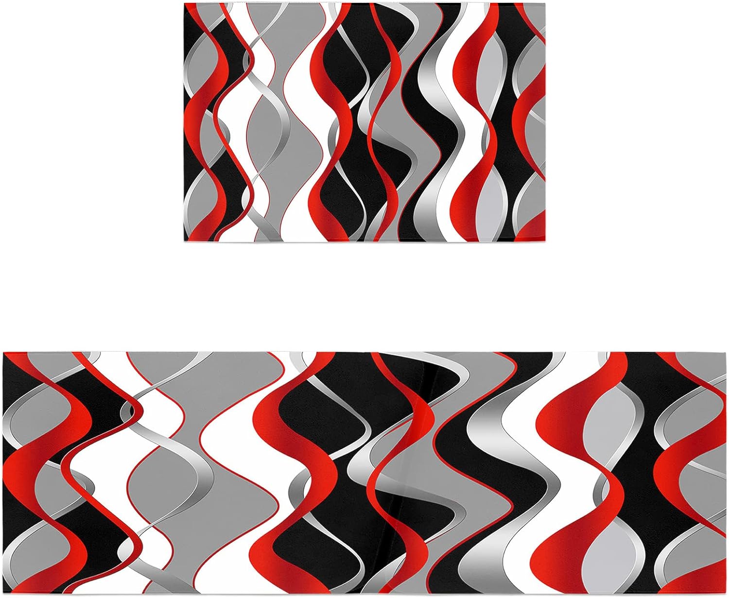 Geometric Red Black Kitchen Rugs Set of 2, Abstract Modern Grey Stripes
