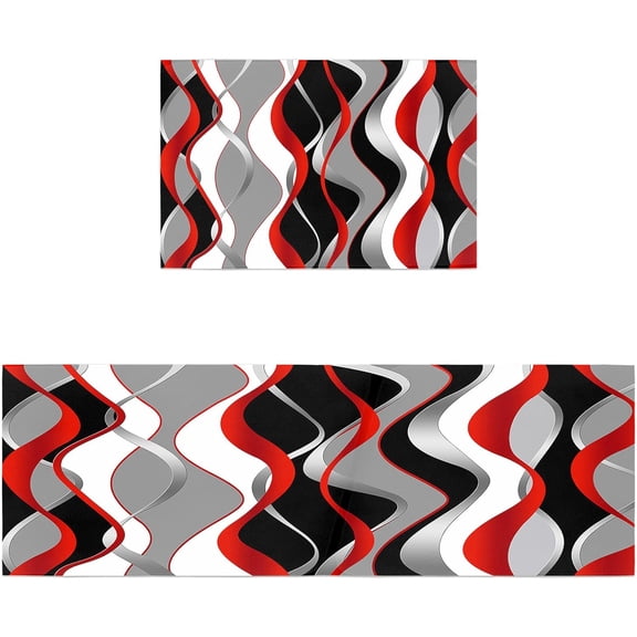 Geometric Red Black Kitchen Rugs Set of 2, Abstract Modern Grey Stripes Washable Bath Shower Door Welcome Runner Area Rug Mat Carpet for Bedroom Bathroom Living Room Accent Throw Desk Rug, Large