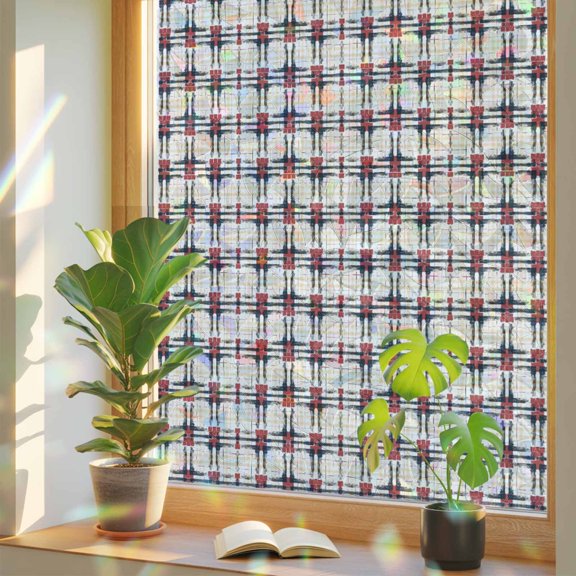 Geometric Red Black Line Plaid Check Window Privacy Film, Rainbow Film Decorative Window Sticker 17.7x39.3in, Yellow Gingham Sun Blocking Static Stained Glass Cling Tint Non-Adhesive
