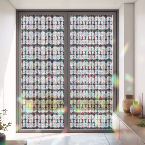 Geometric Red Black Line Plaid Check Window Privacy Film, Rainbow Film Decorative Window Sticker 35.4x78.7in, Yellow Gingham Sun Blocking Static Stained Glass Cling Tint Non-Adhesive