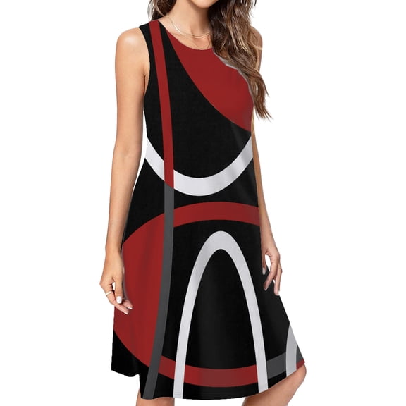 Geometric Red Black Modern Abstract Minimalist Circular Line Casual Sleeveless Loose Sundress Dress For Women Summer Dress Daily Woman