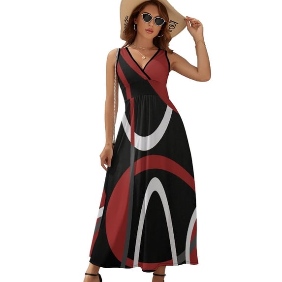 Geometric Red Black Modern Abstract Minimalist Circular Line Dress Fashion Boho Beach Long Dresses Female Party Printed Maxi Dress