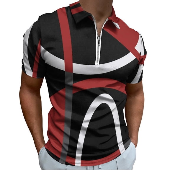 Geometric Red Black Modern Abstract Minimalist Circular Line Men Zipper T-shirt Summer Casual Short Sleeve T-shirt Top