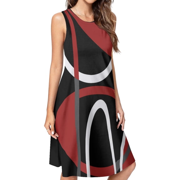 Geometric Red Black Modern Abstract Minimalist Circular Line Spring Summer Dresses for Women Fashion T-shirt Dress Casual Sleeveless Loose Sundress with Pockets