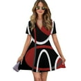 thumbnail image 1 of Geometric Red Black Modern Abstract Minimalist Circular Line Women Dress V-Neck Short Sleeve Flowy Swing Party Midi Dress, 1 of 4