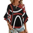 thumbnail image 1 of Geometric Red Black Modern Abstract Minimalist Circular Line Women's V-Neck Blouse With 3/4 Ruffled Bell Sleeves Casual Top Ladies Blouses, 1 of 7