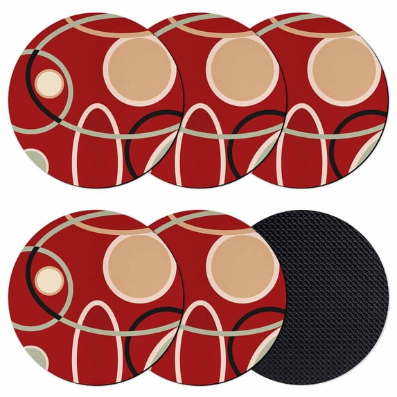 Geometric Red Coasters Set of 6, Absorbent Coasters for Drinks, Boho Retro Abstract Circle Black Green Coaster for Desk Coffee Table Protection, Home Decor House Warming Gifts 4"