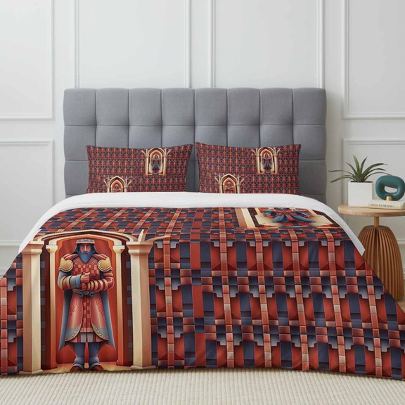 Geometric Red Duvet Cover Set Twin Size, Color Block Soldier in Armor 4 Piece Soft Microfiber Bedding Set with Zipper Closure, 1 Comforter Cover, 1 Flat Sheet, 2 Pillowcases