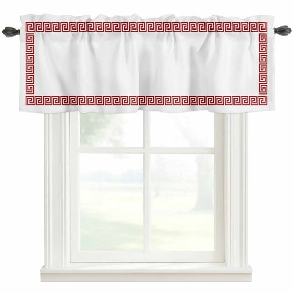 Geometric Red Greek Key Design Window Valance Curtain White Rod Pocket Short Curtain for Living Room, Bedroom & Kitchen Window Decor 42x12in