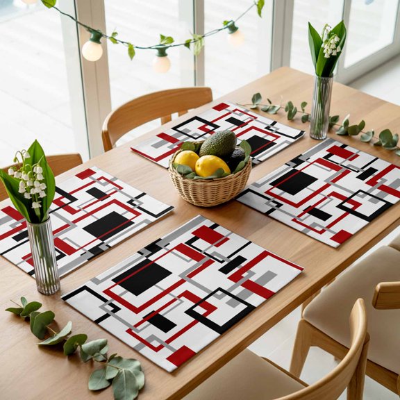 Geometric Red Grey Black Square Placemats Set of 4,Wipeable Washable Table Mats for Dining Tables, Abstract Art Place Mats for Kitchen Event Party Tabletop Decor
