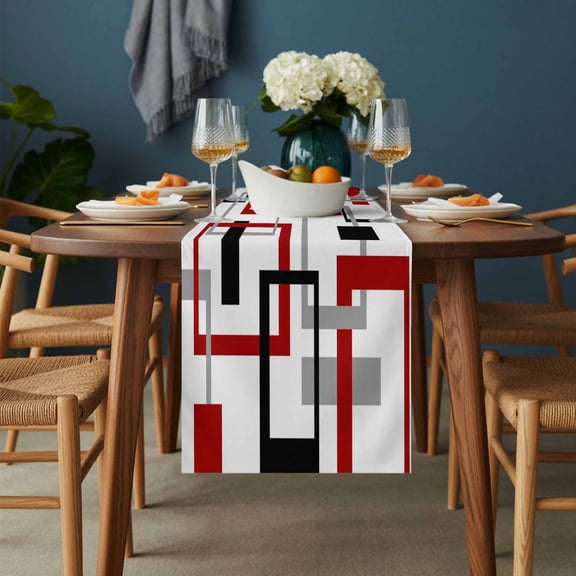 Geometric Red Grey Black Square Table Runner-36 Inch Long Abstract Art Table Runners Linen Burlap Tablerunner for Kitchen Dining Room Holiday Party