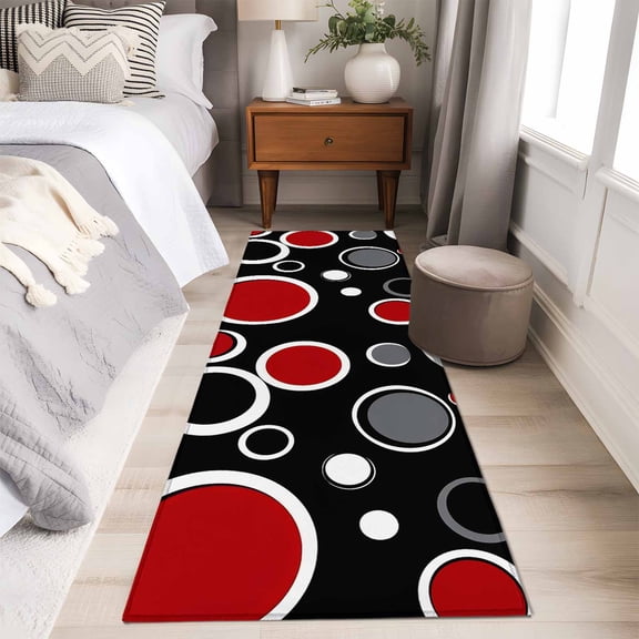 Geometric Red Runner Rug 2x6 FT,Non Slip Hallway Carpet,Modern Black Grey White Abstract Circle Washable Soft Floor Carpet Throw Runner Carpet Long Rug for Entryway Kitchen Bedside Sliding Door