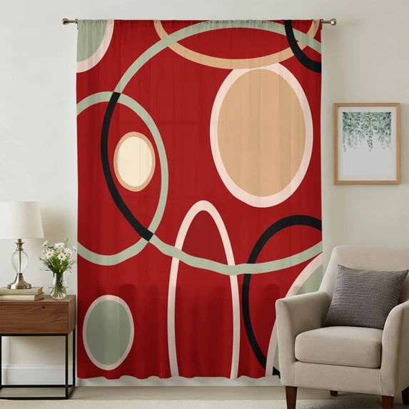Geometric Red Sheer Curtains 72 Inches Long, Boho Retro Abstract Circle Black Green Light Filering Curtains, Breathable Simi Curtain Privacy Drapes for Living Room Bedroom Window Treatment