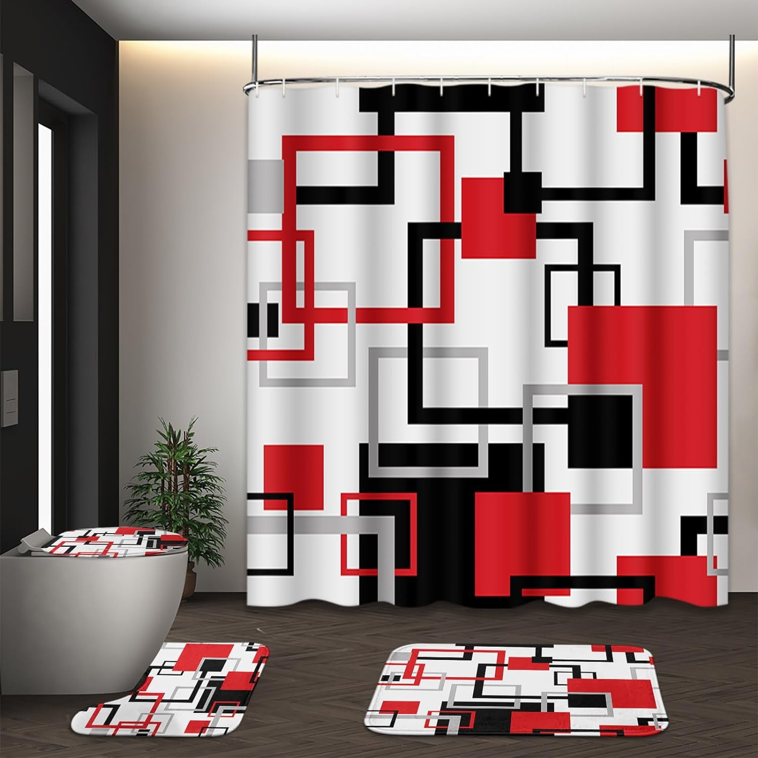 Geometric Red Shower Curtain Set with Toilet Lid Cover and NonSlip