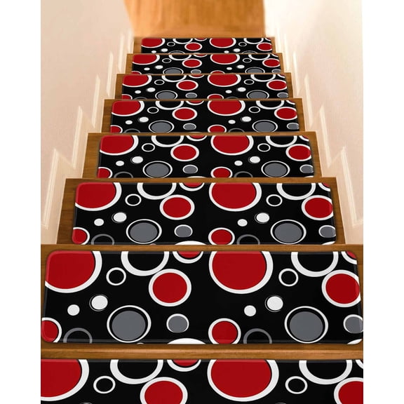 Geometric Red Stair Treads for Wooden Steps Indoor Runner Rug Carpet, Modern Black Grey White Abstract Circle 4 Pieces Peel and Stick Staircase Step Treads Covers Washable Throw Door Mats, 30"x8"