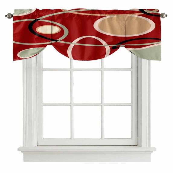 Geometric Red Tie Up Valance Curtains for Windows, Kitchen Curtains Window Treatments, Boho Retro Abstract Circle Black Green Short Window Shades Valances for Bedroom Bathroom Cafe 42"x12"