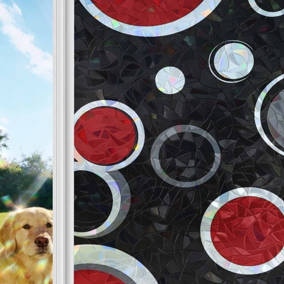 Geometric Red Window Privacy Film Stain Glass,Reusable Decorative Rainbow Window Film,Modern Black Grey White Abstract Circle Static Cling Sun Blocking Stickers Decals Covers 29.5" x 118" (2pcs)