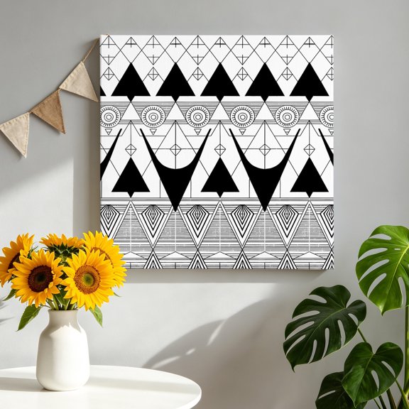 Geometric Retro Canvas Wall Art, Black Triangles Medieval Bohemian Style Framed Canvas Wall Decor Picture Print Artwork Decorations for Living Room Office Ready to Hang 8" x 8"