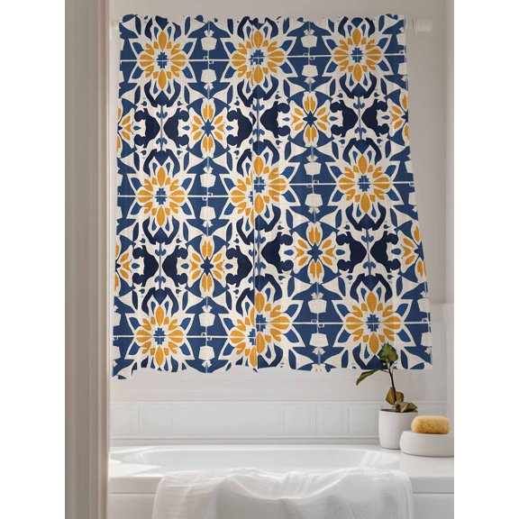 Geometric Retro Morocco Pattern Sheer Curtains 2 Panels Set Abstract Flowers Seamless Lihgt Filtering Rod Pocket Voile Drape,Semi Sheer Window Curtains for Bedroom Living Room,52"x72"