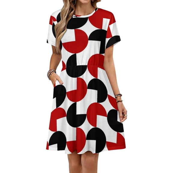 Geometric Retro Style Black Red White Dress Summer Street Style Dresses Female Short Sleeve Printed Sundress